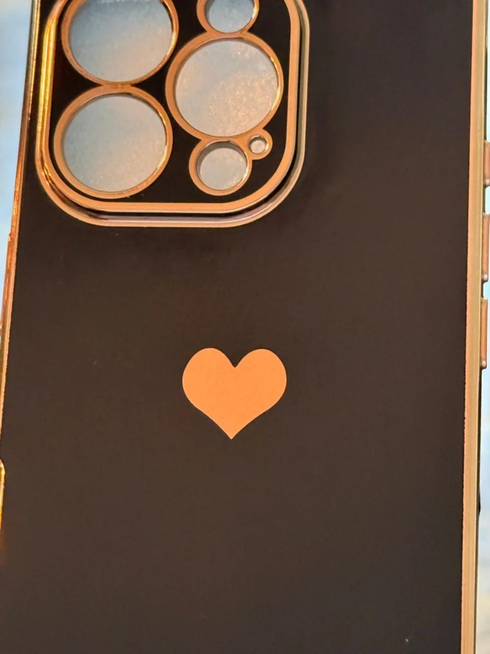 Black Glossy iPhone 16 Pro Case with Rose Gold Heart & Camera Trim